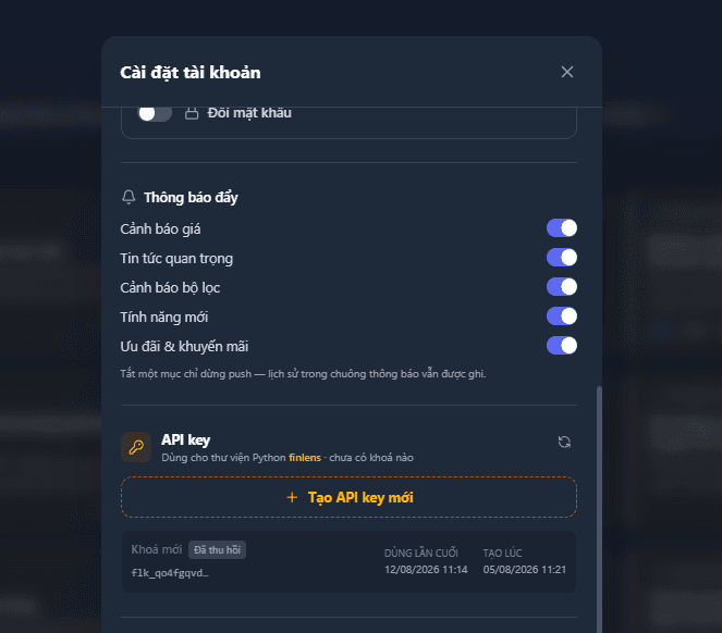 Cửa sổ Cài đặt tài khoản trên finlens.vn, mục API key dùng cho thư viện Python finlens, với nút Tạo API key mới