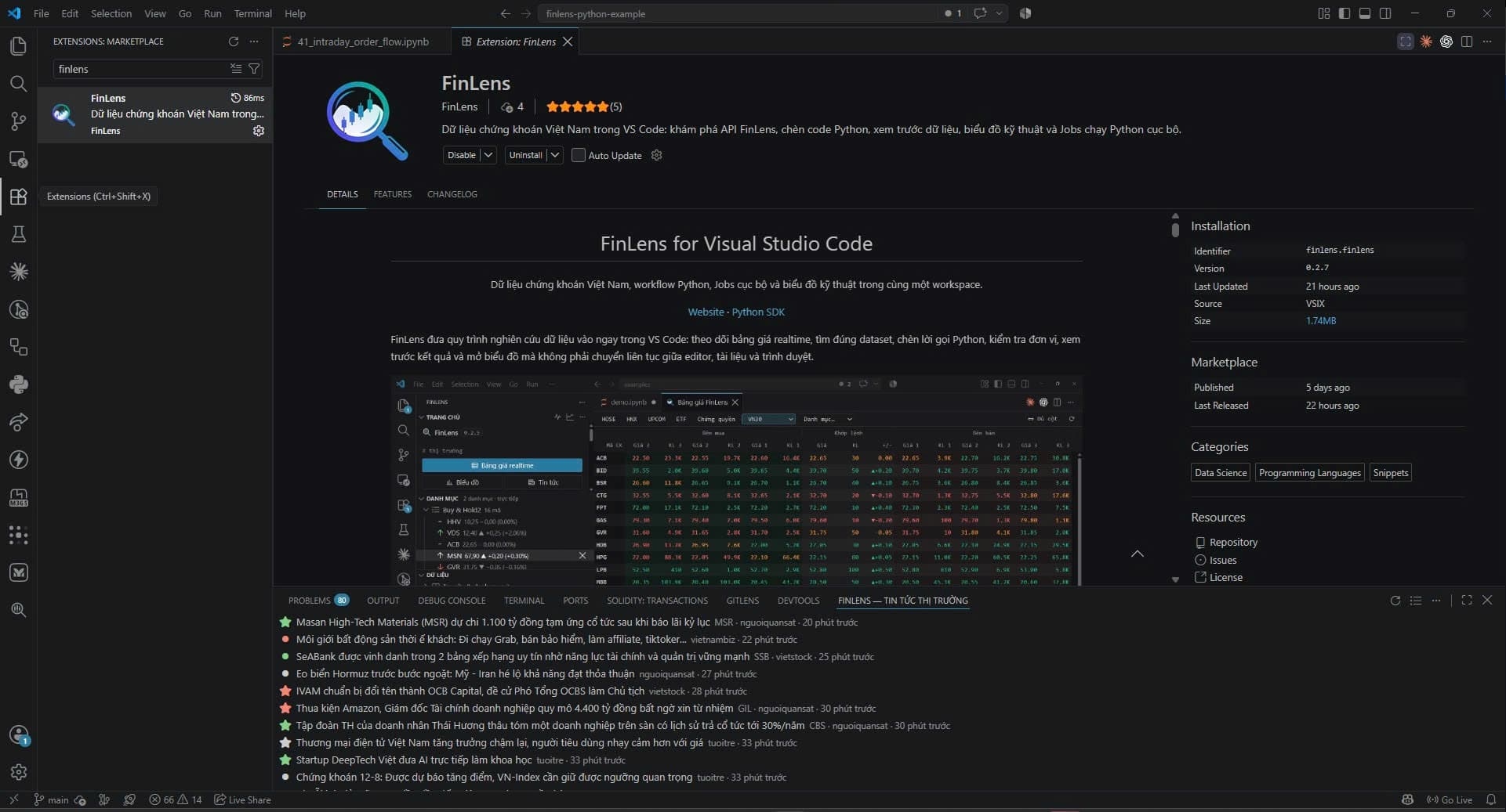 Trang FinLens trên Visual Studio Marketplace với identifier finlens.finlens, phiên bản 0.2.7 và các nhóm Data Science, Programming Languages, Snippets