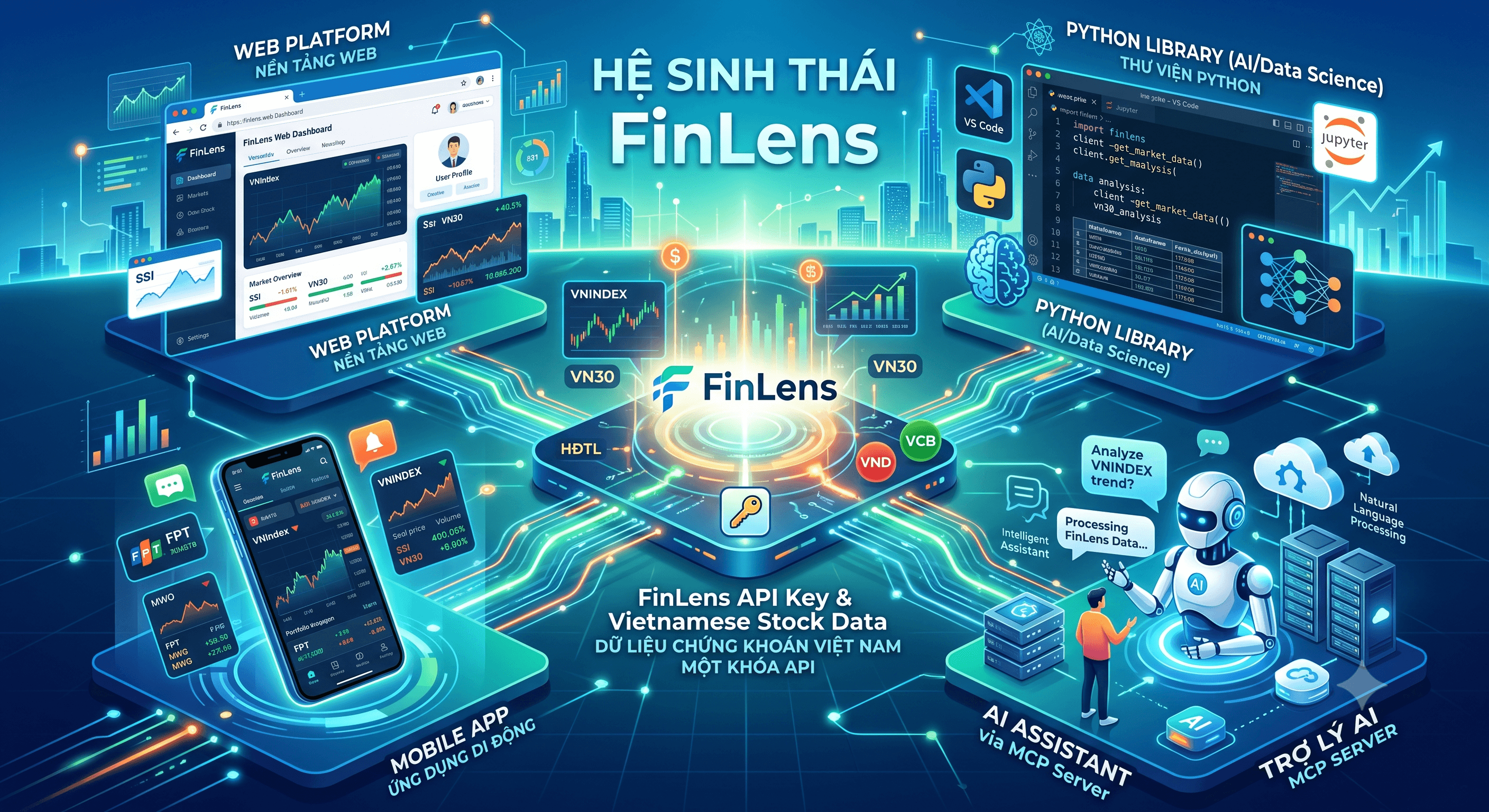 Sơ đồ hệ sinh thái FinLens: nền tảng web, thư viện Python, ứng dụng di động và trợ lý AI qua MCP server, cùng dùng chung một khóa API và nguồn dữ liệu chứng khoán Việt Nam